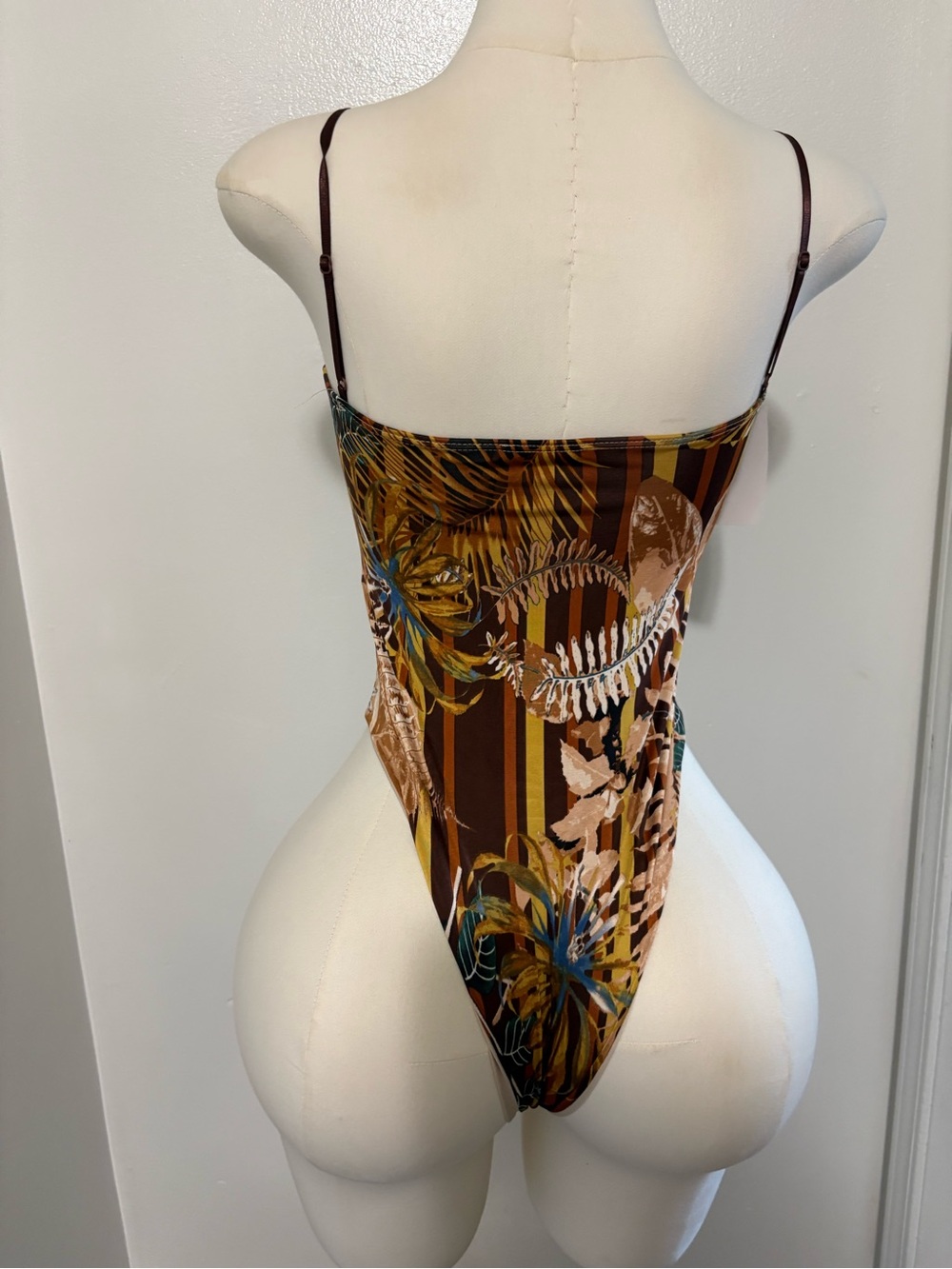 Tropical Tie-Front One-Piece Swimsuit in Brown Print with Wrap Skirt NWT - Picture 4 of 7